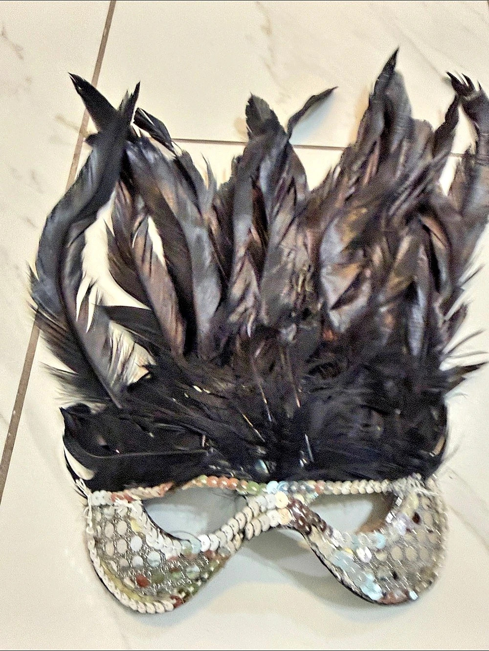 Feather Sequin Masquerade Mask - Black & Silver